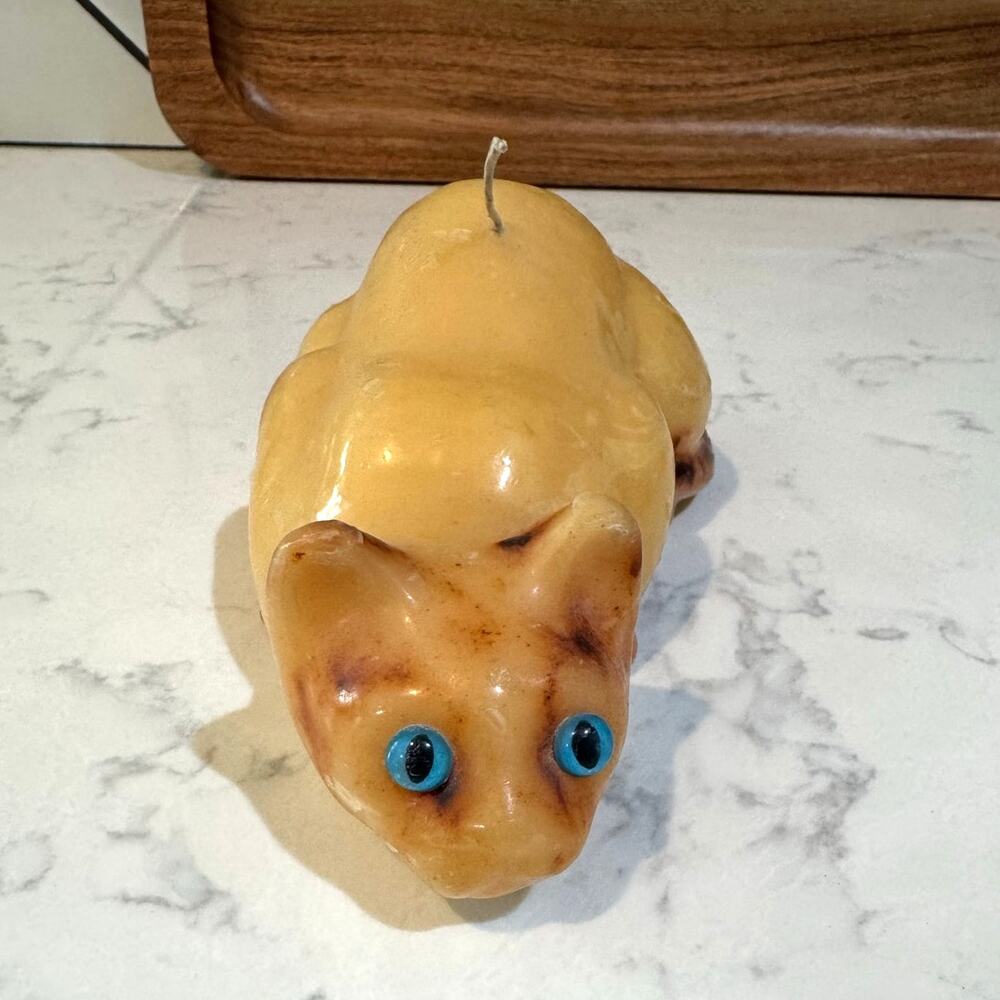 vintage Siamese cat candle made blue glass eyes 60s mid century cat lover art